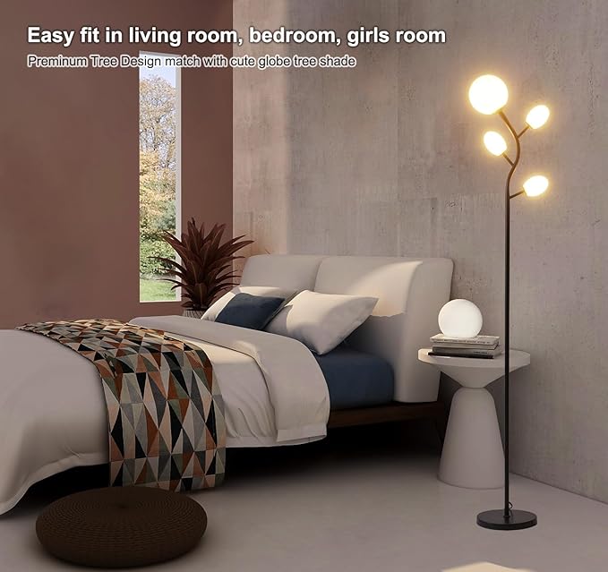 Fiqevs 4 Globe Floor Lamp with 2700K Warm Light LED Bulbs Included, Mid Century Modern Tree Standing Lamp with Frosted Glass Shade, Arc Torch Tall Lamp for Living Room, Bedroom, Office, Matt Black