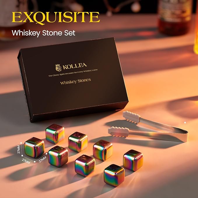 Kollea Whiskey Stones, 8 PCS Multicolor Stainless Steel Whiskey Chilling Rocks, Reusable Ice Cubes for Bottle Drinking, for Men Dad, Boyfriend, Bourbon, Cocktail Bar, Fathers, Anniversary