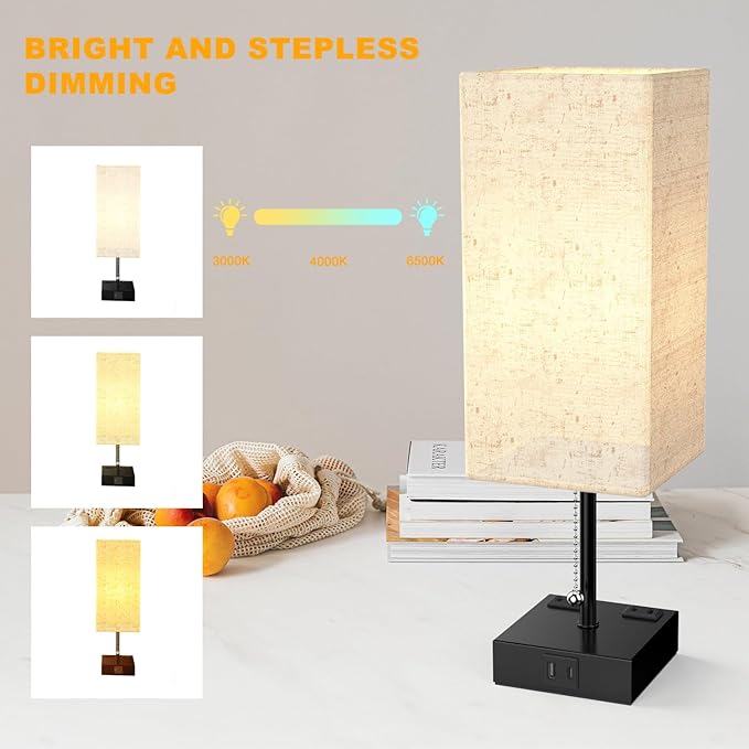 Table Lamp for Bedroom with USB,Bedside Lamp with USB C+A Charging Ports,Adjustable 3color LED Light for Home Decor/Nightstand/Office,Included Bulb and Fabric Lamp Shade (Linen White, 2PCS)