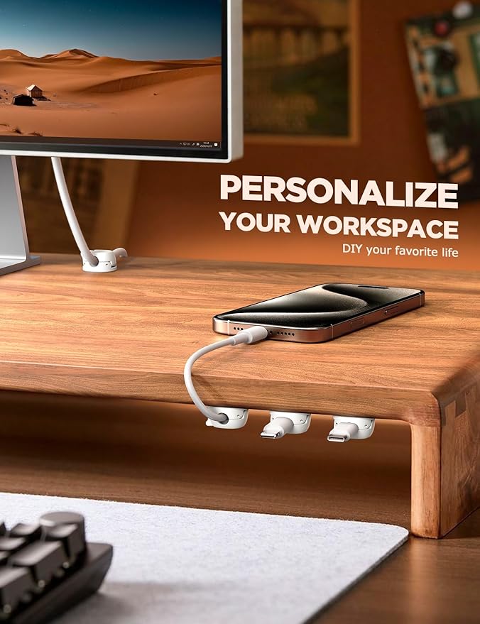 8Pack Cord Organizer [Dual Spring & Clasp] [Max Stability] Cable Clips, Chfeila Cord Holder, Desk Cable Management, Adhesive Wire Organizer for Home Office Desktop Nightstand Car Table Wall - White