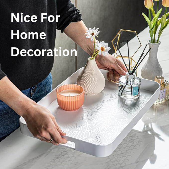 Bzyoo Melamine Gallery Tray -11.5in x 16inch Large Rectangle Serving Tray with Handle for Entertaining, Ottoman and Kitchen Counter Decor, Decorative Home Coffee Table Tray or Vanity Tray - White