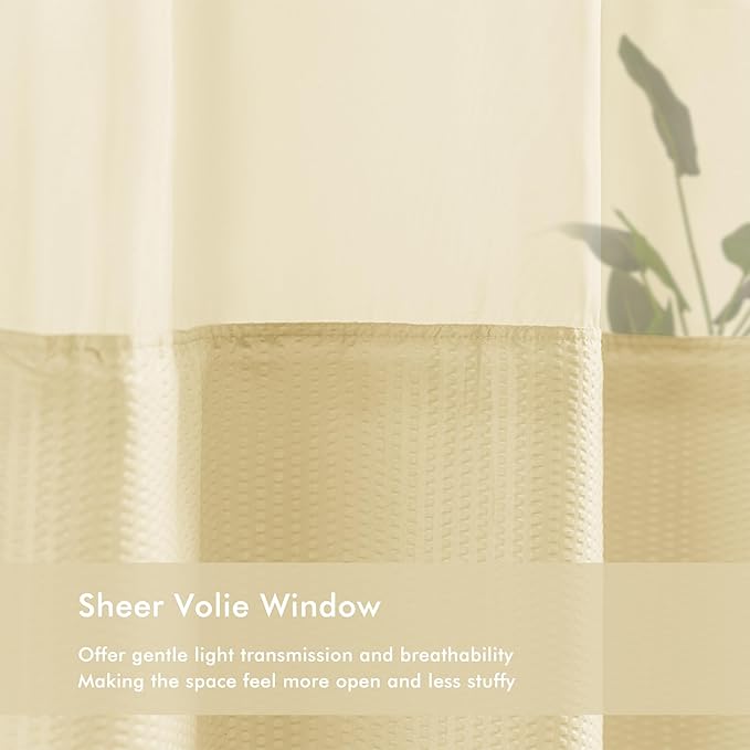 Mrs Awesome No Hook Shower Curtain with Snap-in Liner Less Time On/Off, Embossed Waffle-Look Textured Fabric Shower Curtain for Bathroom, Soft & Lightweight, 71x74, Beige