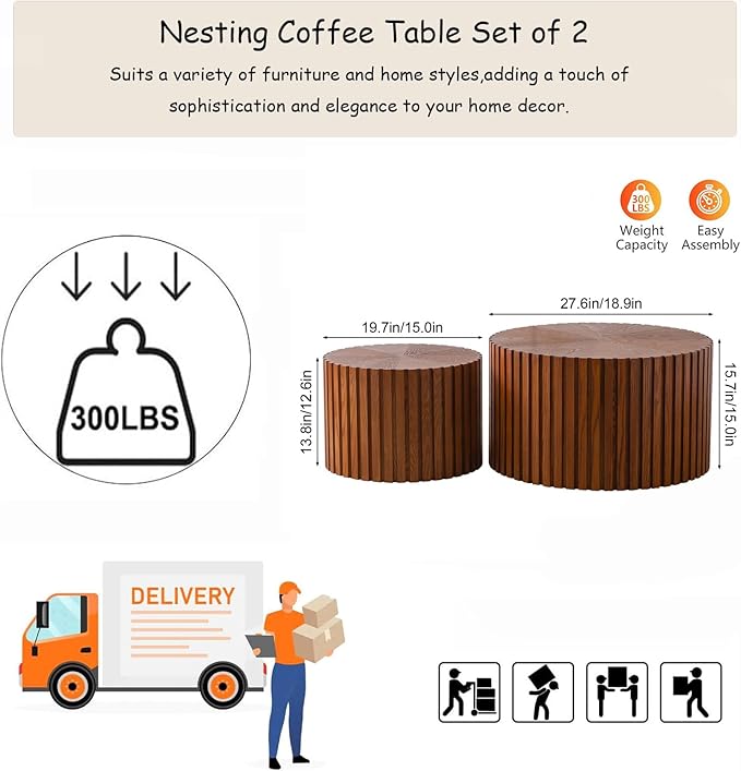 Modern Round Nesting Coffee Table Set of 2, Vertical Stripe Design Drum Coffee Table Cocktail Table, Round Side Table for Living Room, Bedroom, Office, Balcony (J19.7+27.6")