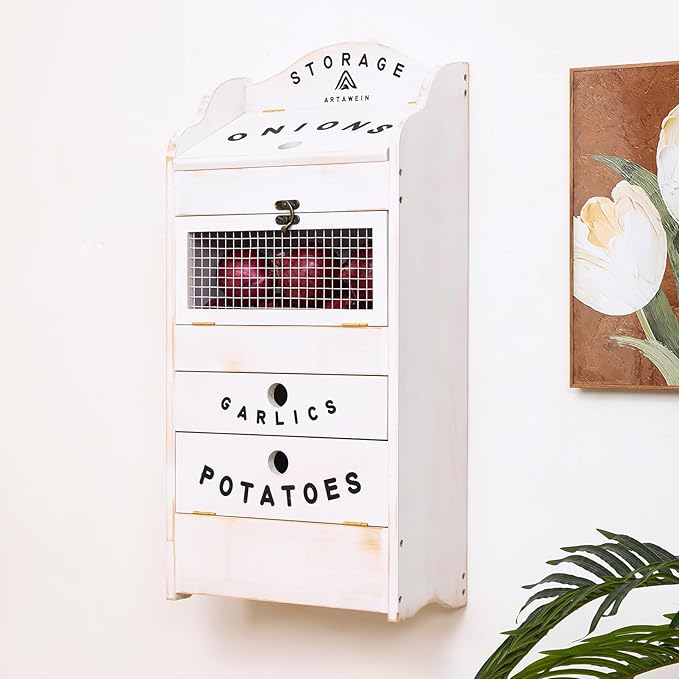 ARTAWEIN Pine Wood Veggie Bin for Potato, Onion and 1 Garlic Drawer Vegetable Box for Kitchen Storage, Solid Wood Vegetable Bin 13.77" L X 7.1" W X 29.3" H (Rustic White)
