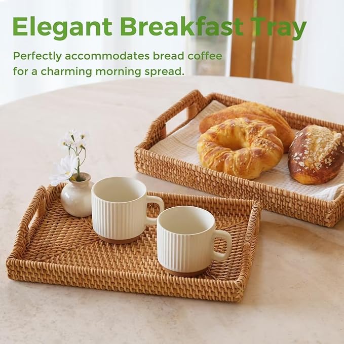 Wicker Tray Rectangle with Handles, Handmade Rattan Natural Woven Tray, Rattan Serving Wicker Trays for Decor Storage, Coffee Table Basket Trays for Breakfast Bread Fruit Snack