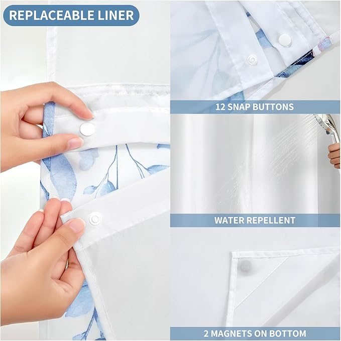 QiyI No Hook Shower Curtain with Snap in Fabric Liner, Blue Eucalyptus Shower Curtain with See Through Top Window, Waterproof Washable Cloth Ringless Shower Curtain Set for Bathroom, 36 x 75