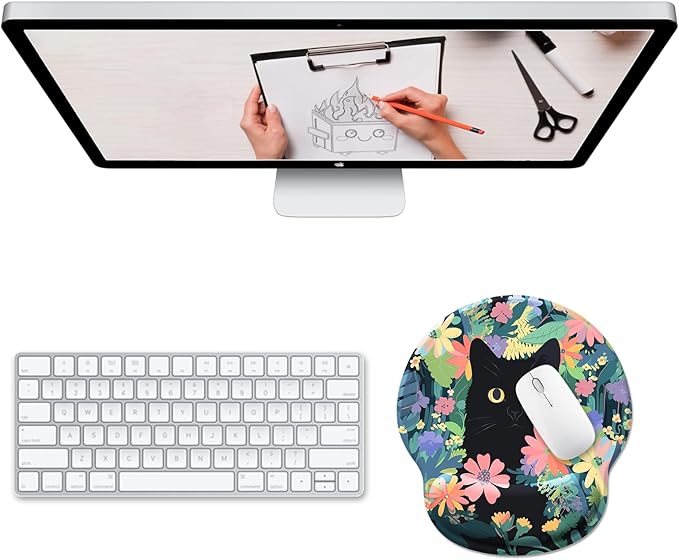 Ergonomic Mouse Pad Wrist Support, Flower Cat Mouse Pads with Wrist Rest, Cute Funny Computer Mousepad with Non-Slip PU Base, Comfortable Mouse Pad for Desk Accessories Office Supplies Decor
