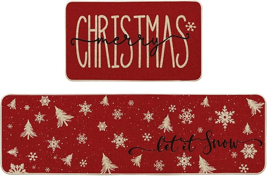 Artoid Mode Xmas Trees Snowflake Let It Snow Merry Christmas Kitchen Mats Set of 2, Winter Decor Low-Profile Kitchen Rugs - 17x29 and 17x59 Inch