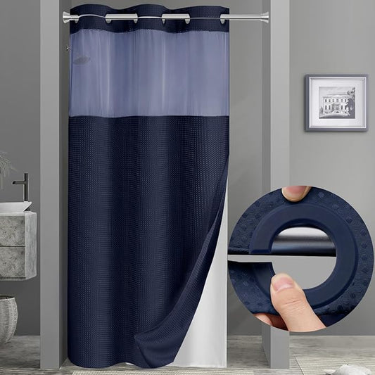 YellyHommy Stall No Hook Shower Curtain with Snap in Liner Set Less Time Blue Waffle Shower Curtain for Bathroom 75" L x 36" W