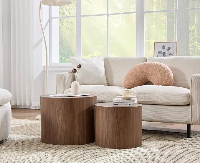 CIMOTA Round Wood Nesting Coffee Table Set of 2, Modern Circle Travertine End Side Table Sets for Living Room, Walnut Wooden Color/No Assembling