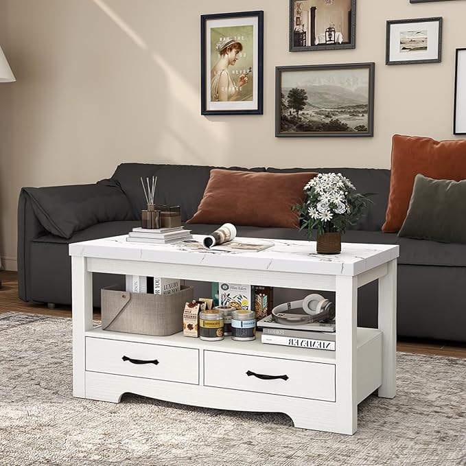 Coffee Table 40" Faux Marble 2-Tier Modern Wooden Rectangle Center Table with Drawers for Living Room, Conference Room, Thickened Top, Small Space Home Furniture (White Oak with Storage)