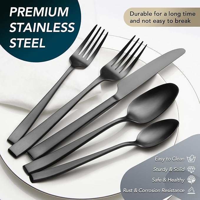 Matte Black Silverware Set, EIUBUIE 40-Piece Premium Stainless Steel Black Cutlery Set for 8, Matte Flatware Sets, Kitchen Utensils Sets Include Forks Spoons Knives