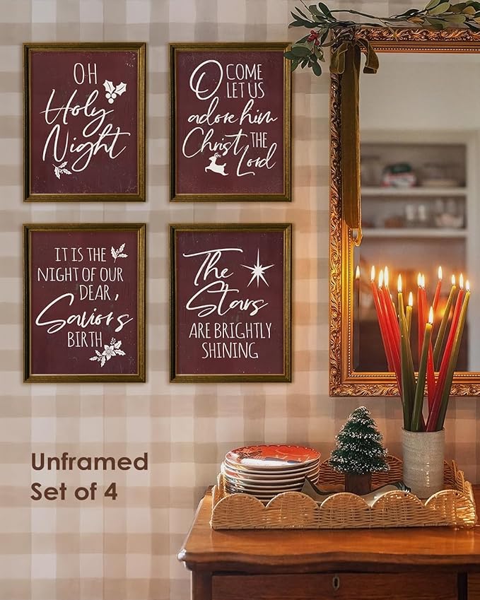 Wheatwin Vintage Christmas Wall Art Prints Set of 4, O Holy Night Sign, Christian Rustic Christmas Red Xmas Religious Decor for Bathroom Farmhouse Living Room Bedroom, 12x16 (Unframed)
