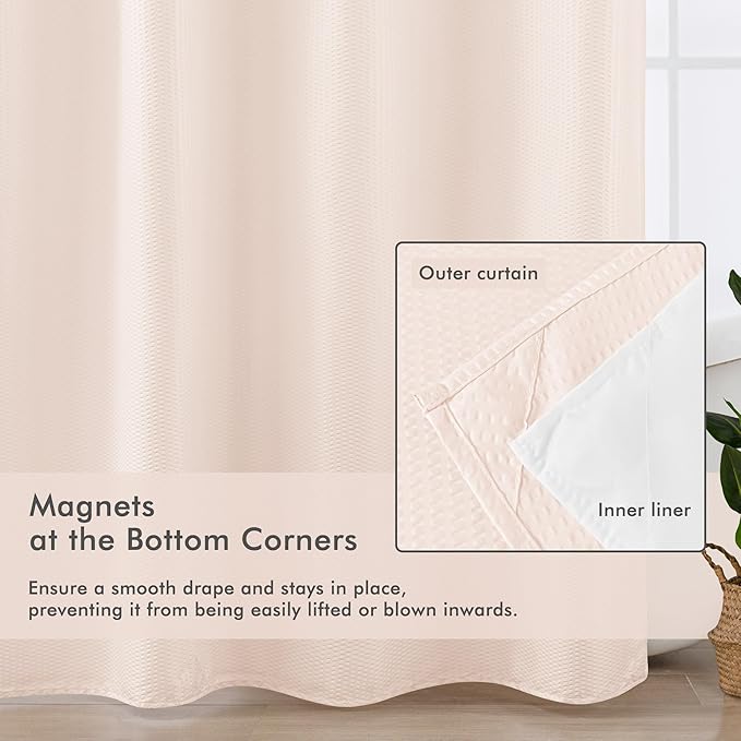 Mrs Awesome No Hook Shower Curtain with Snap-in Liner, Embossed Waffle Design Fabric Shower Curtain for Bathroom, Soft & Lightweight, 71x74, Pink