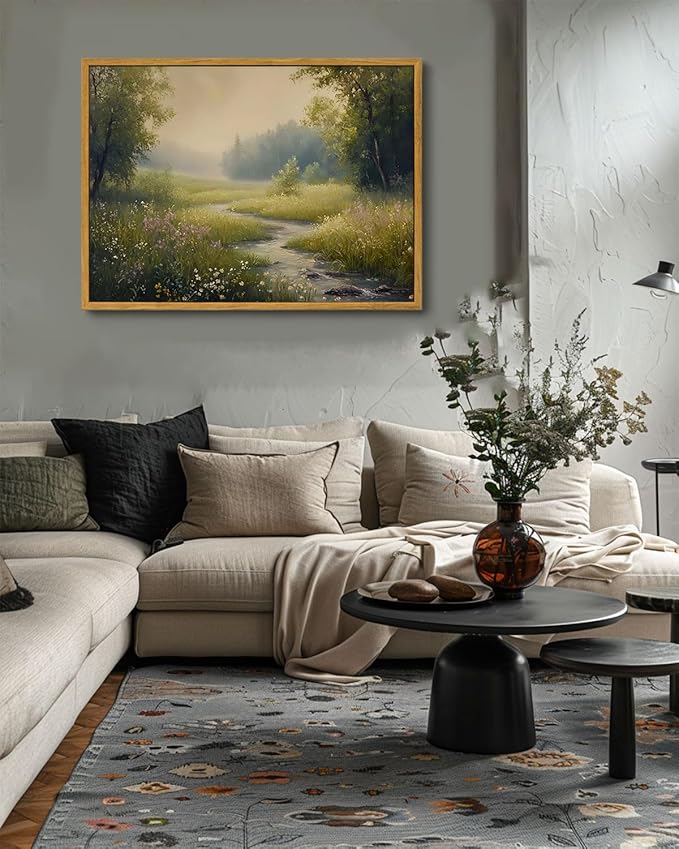 KISSFOX Vintage Landscape Canvas Wall Art Spring Nature Meadow Stream Wildflowers Tree Framed Wall Art Farmhouse Cottagecore Art Prints Artwork For Living Room Bedroom Kitchen
