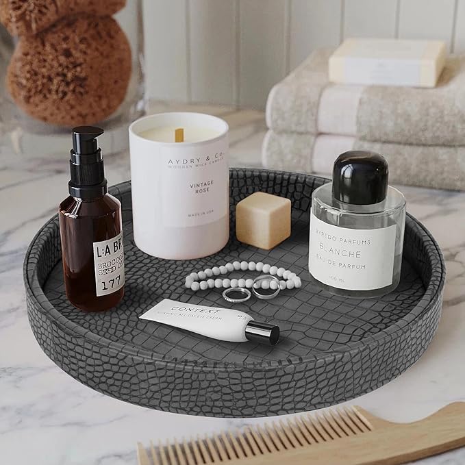 HofferRuffer Faux Leather Round Serving Tray, Vegan Croco Leather Decorative Tray, Food Tray for Storage Drinks, Snack & Cosmetics, Dia.12'' x 1.6'' (Dark Grey)