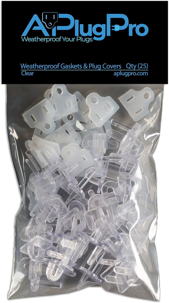 The Original Weatherproof Gaskets & Plug Covers - Made in USA, Outdoor Waterproof GFCI Protectors, Christmas Light Installation, Extension Cords, Stop GFCIs from Tripping (Clear, Qty 25) - by APlugPro