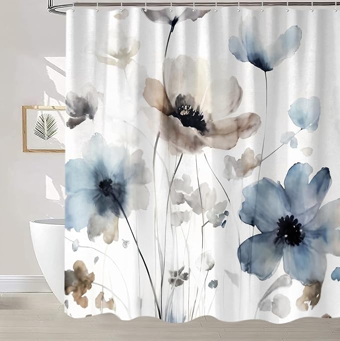 Sanzugh Boho Floral Extra Long Shower Curtain, Cream Tan Beige Blue Grey White Watercolor Flower Fabric Shower Curtains Set for Bathroom Decoration with Hooks 72 X 83 inch Cute Farmhouse Bath Decor