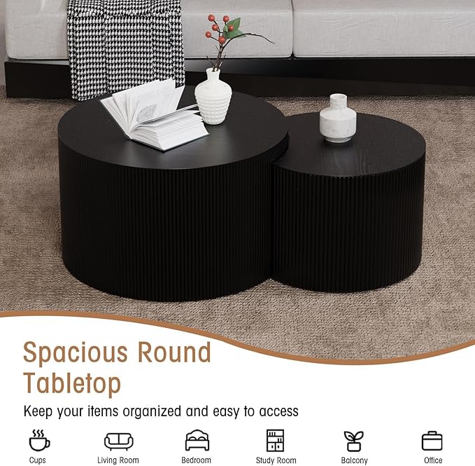 Round Nesting Coffee Table Wood Drum Nesting Tables Modern Stacking Coffee Table Set of 2 Fluted Center Table End Table for Living Room Home Office Small Spaces, No Assembling (Black Crescent)