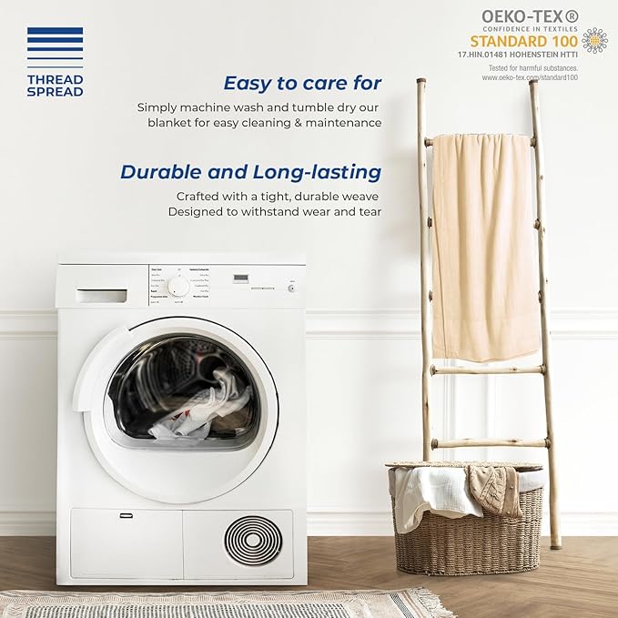 THREAD SPREAD Organic GOTS Certified Cotton Blanket, Twin/Twin XL - 350 GSM, Antistatic, Fuzzy Soft, Lightweight, Sofa, Camping & Travel, All-Season Herringbone Throw, Biege + Stylish Bonus Tote Bag