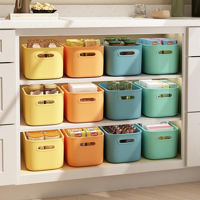 8 Pack Colorful Storage Bins with Lids for Shelves, Classroom Storage Bins, Stackable Colored Bins, Plastic Storage Containers with Lids for Organizing, Storage Boxes for Craft, Art Supplies