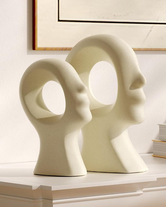 Couple Decorative Statues Set - Boho Style Modern Abstract Sculptures Home Decor, Ceramic Figurines for Living Room Coffee Table, Tv Stand, Mantles, Entryway, Console or Wedding Gifts (Beige White)