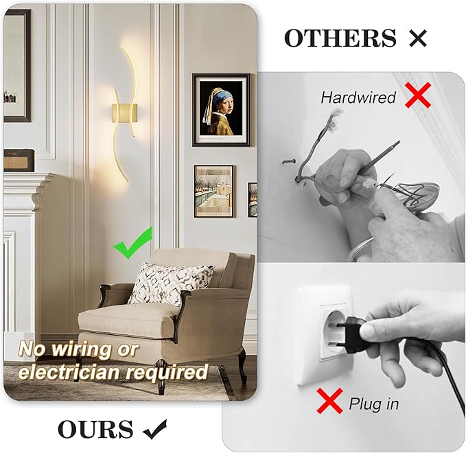 Battery Operated Wall Sconces Set of Two with Remote Control, Stepless Colors 3000K-6000K & Dimming, LED Brass Wireless Wall Light for Living Room, Hallway, Bedroom, 31.5 Inch (2 Pack)