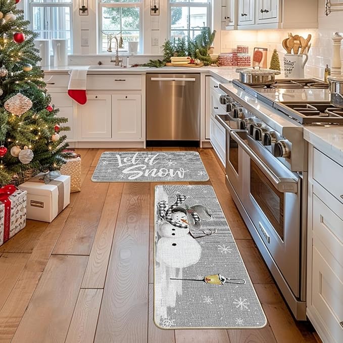 Artoid Mode Grey Let It Snow Snowflake Snowman Winter Kitchen Mats Set of 2, Christmas Decor Low-Profile Kitchen Rugs for Floor - 17x29 and 17x47 Inch