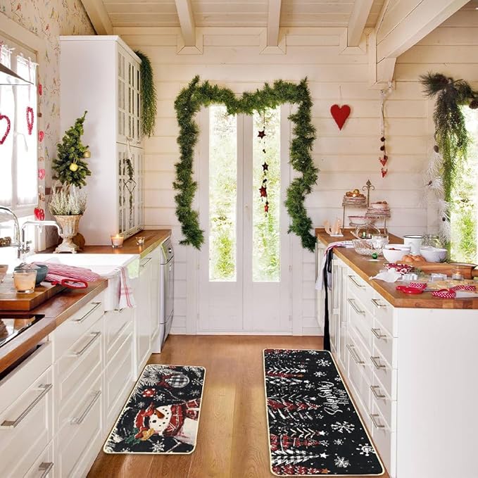 Snowman Christmas Trees Snowflake Christmas Kitchen Mats Set of 2, Black Winter Holiday Home Decor Kitchen Rugs for Floor 17x29 and 17x47 Inch