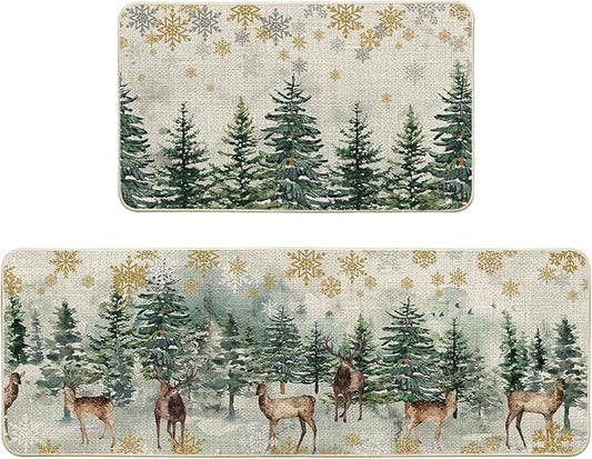 Artoid Mode Xmas Trees Deer Snowflakes Christmas Kitchen Mats Set of 2, Winter Home Decor Low-Profile Kitchen Rugs for Floor - 17x29 and 17x47 Inch