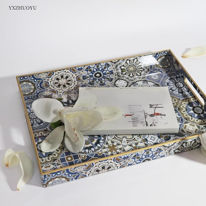 Boho Sturdy Acrylic Serving Tray with Handles-15.7x11.8Inch, Morden Plastic Rectangular Serving Tray for Coffee Table Bathroom, Ottoman, Home Decor