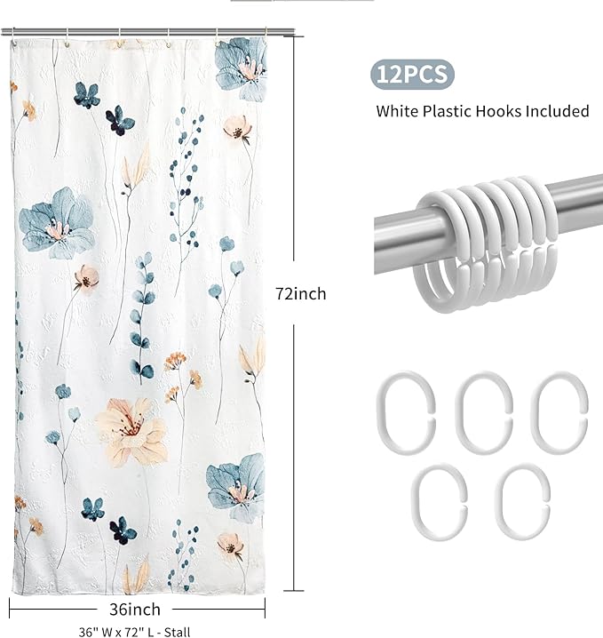 QiyI Small Stall Shower Curtain 36 x 72, Narrow Half Watercolor Floral Bath Curtain, 3D Embossed Blue Beige Flower Cloth Bathroom Curtain, Waterproof Fabric White Shower Curtain Set with Hooks