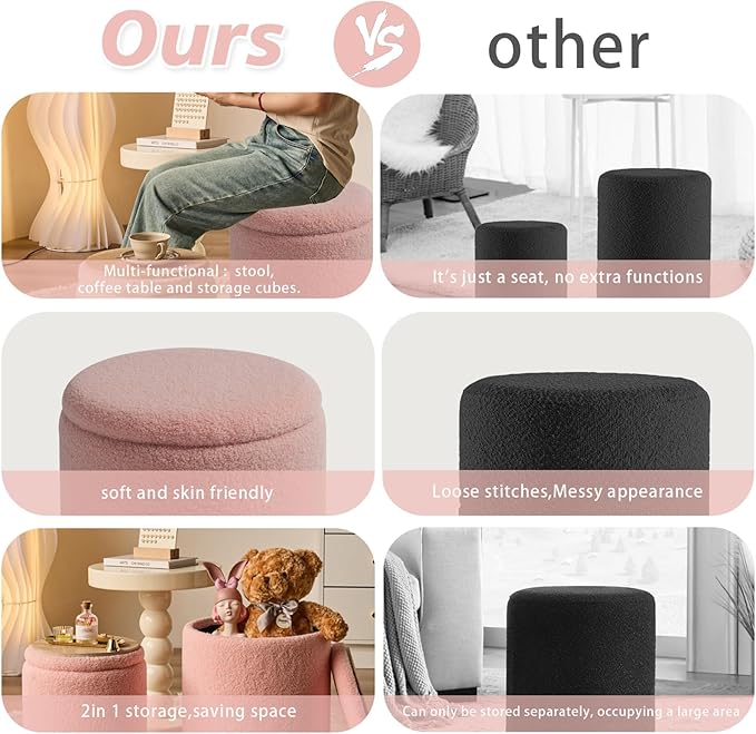 Round Ottoman with Storage Set of 2-Upholstered Sherpa Vanity Stool for Makeup Multifunctional Ottomans Coffee Table Padded Seat Foot Rest for Living Room&Bedroom(Sherpa Pink)