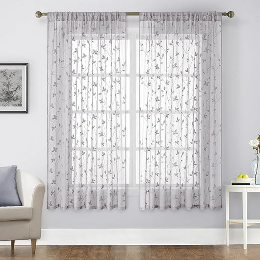 HOMEIDEAS Light Grey Sheer Curtains 52 X 63 Inches Length 2 Panels Embroidered Vine Floral Pattern Pocket Faux Linen Semi Sheer Voile Window Drapes for Bedroom Living Room