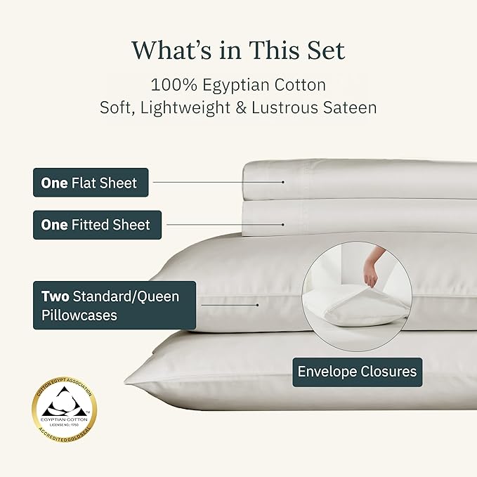 California Design Den Certified Luxury 100% Egyptian Cotton Bed Sheets Queen Size - Deep Pocket Bed Sheets Set, Sateen Cooling Sheets for Hot Sleepers - Ivory (Cream Tone)