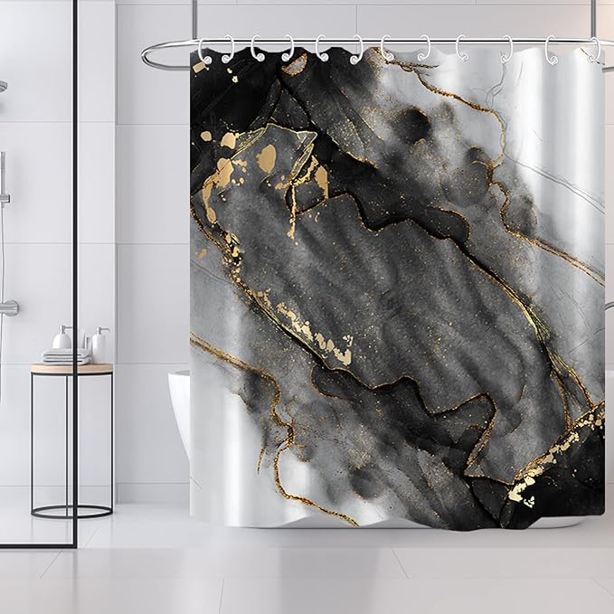 AWERT Dreamy Ink Art Black Glod Marble Shower Curtain for Bathroom Modern High Definition Printing Waterproof Shower Curtain with Hooks Bathroom Decor 72x78inch
