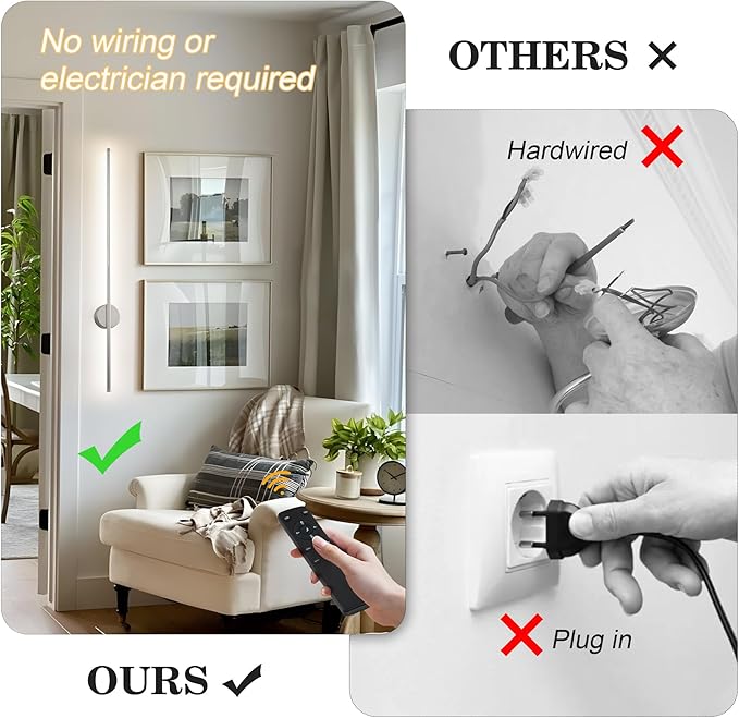 Battery Operated Modern Wall Sconces, Dimmable Wireless Wall Light Set of Two with Remote Control, 3 Color Temperatures, Rechargeable LED Wall Sconce for Bedroom, Living Room,Hallway, 39.3 Inch Nickel