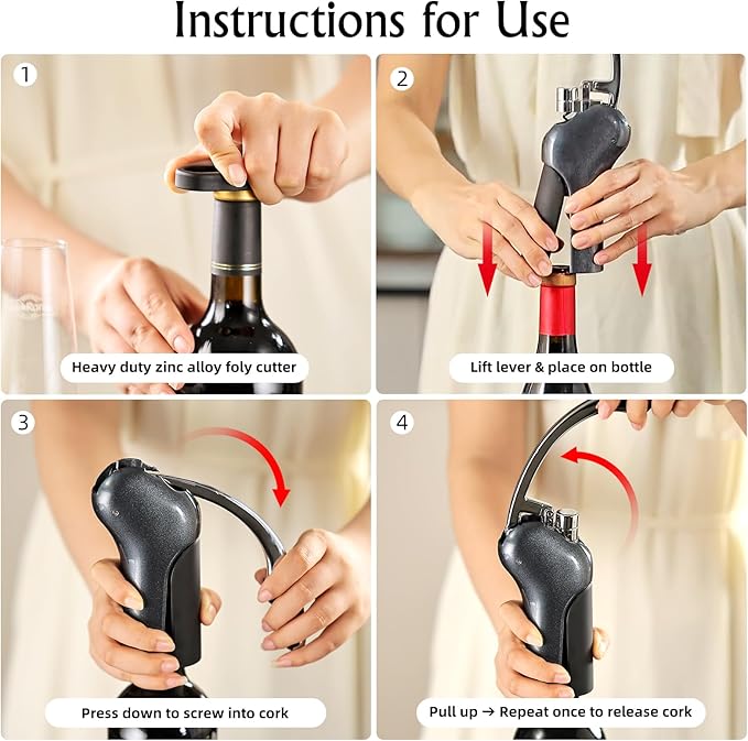 Vertical Corkscrew Wine Opener - One-Pull Smooth extraction with Foil Cutter Instant Lever Corkscrew