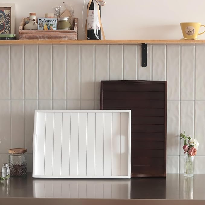 Large Wooden Serving Tray with Handles 20 x 14 inch Decorative Coffee Table Ottoman Tray for Living Room Extra Large for Kitchen Dinner Food Bar Breakfast in Bed (Color White)