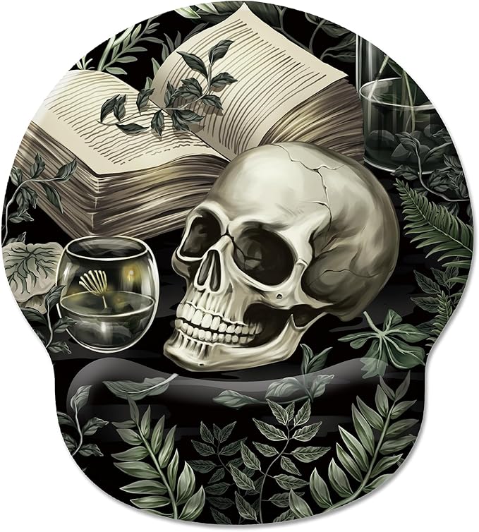 Goth Funny Skull Plant Mouse Pad with Wrist Rest, Gothic Book Leaves Ergonomic Mouse Pads, Computer Mousepad with Non-Slip Base, Cute Mouse Pad for Desk Accessories Office Decor Supplies
