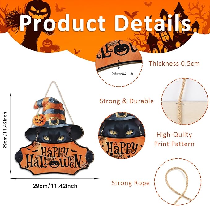 HPNIUB Black Cat Halloween Plaque, Rustic Witch Hat Pumpkins Wood Hanger for Home, Cute & Scary Wooden Sign for Halloween Party Front Door Decor