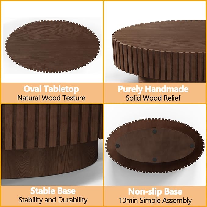 Modern Wood Oval Coffee Table - Handcraft Drum Coffee Tables with Sturdy Base, Easy Assembly, Contemporary Style Small Coffee Table Tea Table for Living Room, Bedroom, Office (Brown Oval)