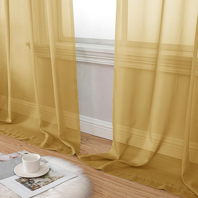 Aiyufeng Gold Sheer Curtains 63 Inch Length 2 Panels Set, Light Filtering Gold Window Curtain Drapes Treatment for Kitchen, Bedroom,Children Room, Dual Rod Pocket, 2 Pack of 42 x 63"