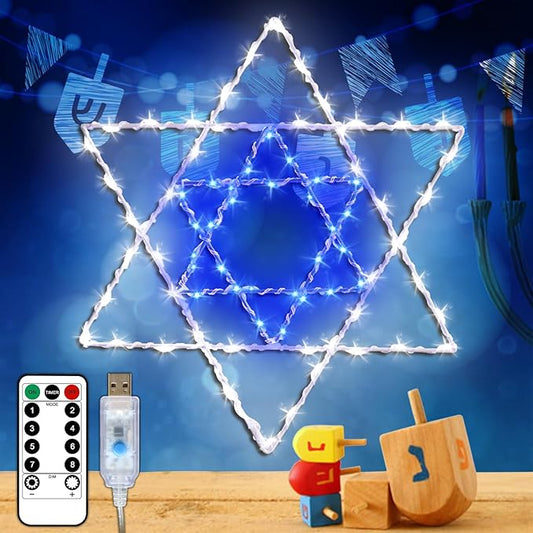 Hanukkah Decorations Chanukkah Window Lights, 8 Lighting Modes USB Powered White Blue 40 LEDs Star of David Silhouette Hanging Lights with Iron Frame 11.8 x 10 Inch Indoor Decor（1PACK）
