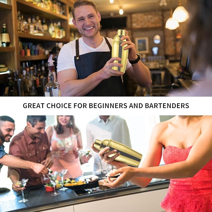 24oz Cocktail Shaker Bar Set, Martini Shaker with Built-in Strainer, Measuring Jigger, Mixing Spoon, Professional Stainless Steel Large Bartender Drink Shaker Margarita Alcohol Mixer-Gold