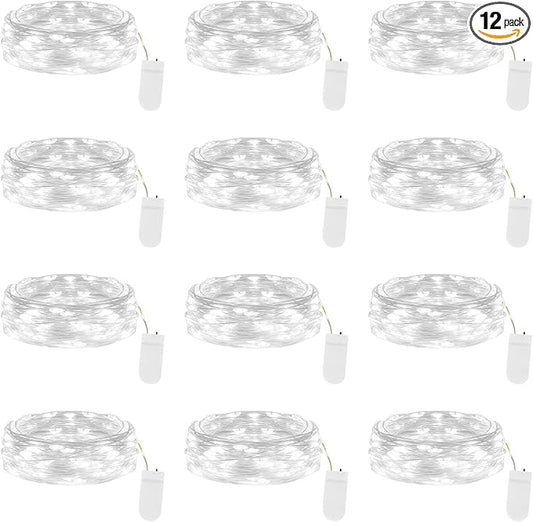 Lakumu 12 Pack Fairy Lights Battery Operated String Lights -7FT 20LED Fairy Lights Silver Wire Firefly Starry Moon Lights for DIY Christmas Decorations Party Wedding Centerpiece Table Decor Cool White