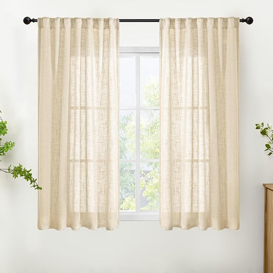 YoungsTex Natural Linen Curtains 45 Inch Length 2 Panels for Short Window - Light Filtering Drapes Semi Sheer with Back Tab Rod Pocket for Cafe Kitchen Bedroom Decorative, 42 X 45 Inch