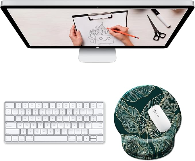 Ergonomic Mouse Pad Wrist Support, Green Tropical Leaves Mouse Pads with Wrist Rest, Computer Mousepad for Gaming with Non-Slip PU Base, Comfortable Mouse Pad Office Decor Desk Accessories