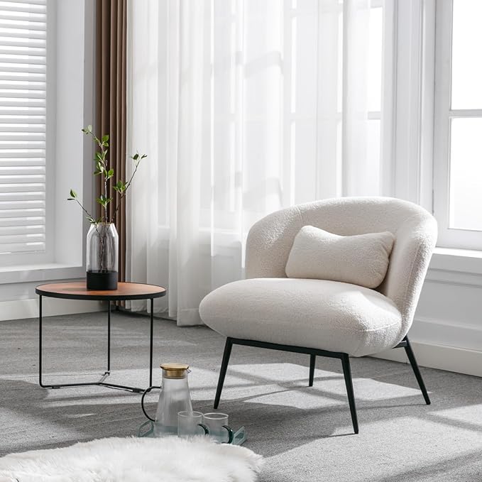 Modern Accent Chair Set of 2, Upholstered Sherpa Fabric Side Chair Guest Chair with Small Pillow Black Metal Legs, Comfy Lounge Chair for Living Room Bedroom, White
