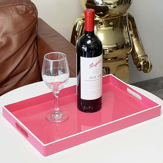 Zosenley Decorative Tray, Rectangular Plastic Tray with Handles, Modern Vanity Tray and Serving Tray for Bathroom, Kitchen, Ottoman and Coffee Table, 15.6" x 10.2" (Rose Pink)